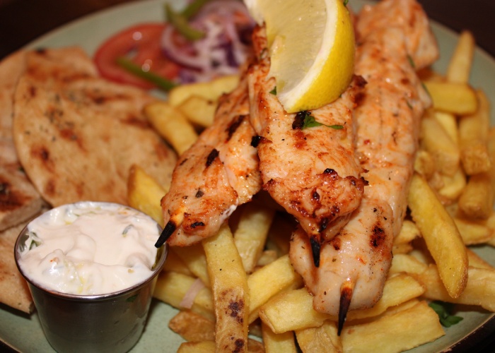  Juicy, marinated chicken souvlaki skewers grilled to perfection served in Greek 
Theory, Falkirk. 